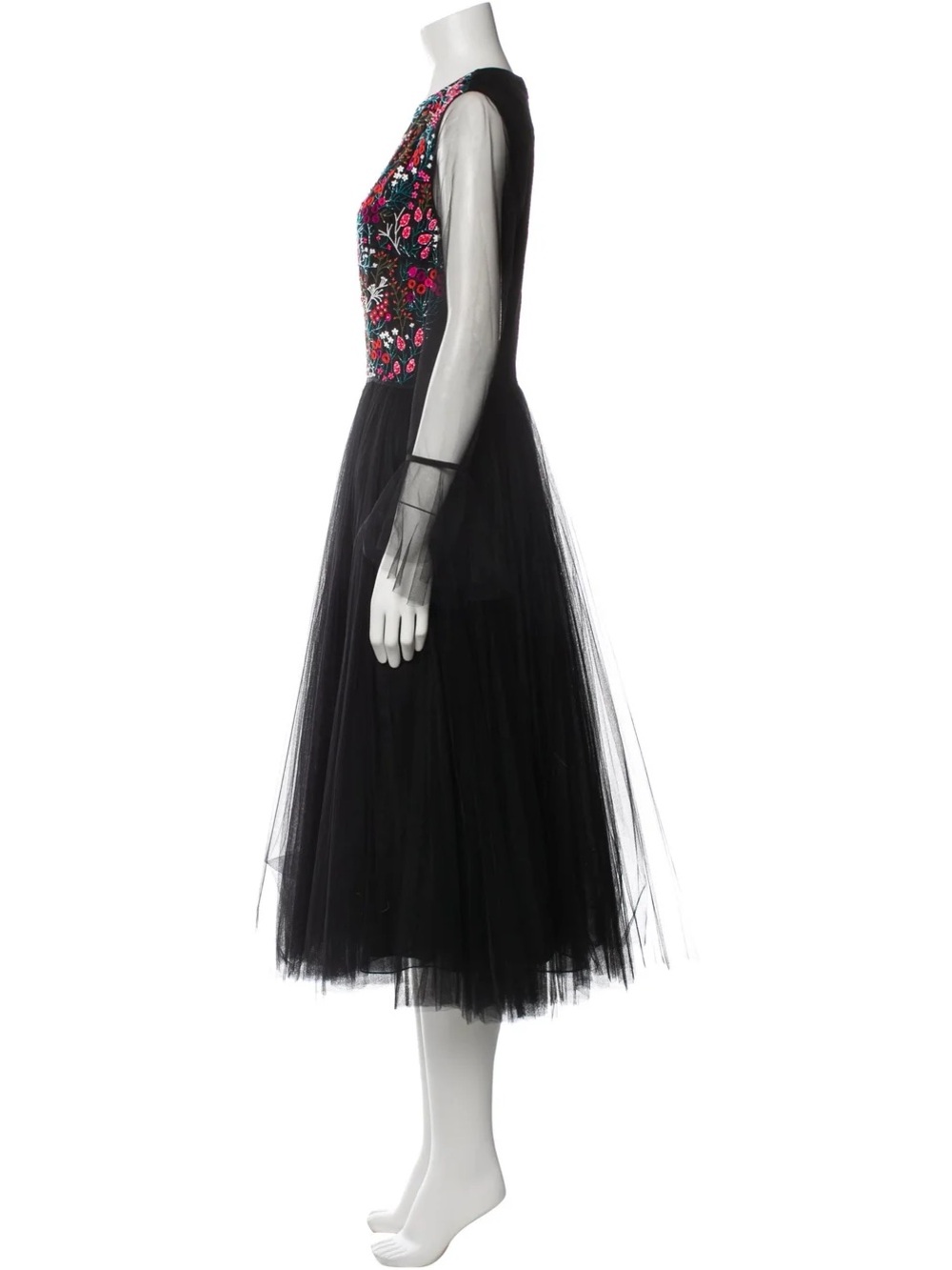 Carolina Herrera Black Tulle Formal Dress with Colorful Hand Embroidered Bodice - Picture 4 of 10